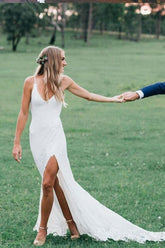 Romantic Boho Deep U Neck Backless Lace Pretty Mermaid Elegant Wedding Dresses